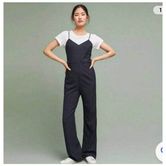 NWT Anthropologie The Essential Pinstripe Jumpsuit Sz 6 Navy Blue White Straight - Picture 3 of 13